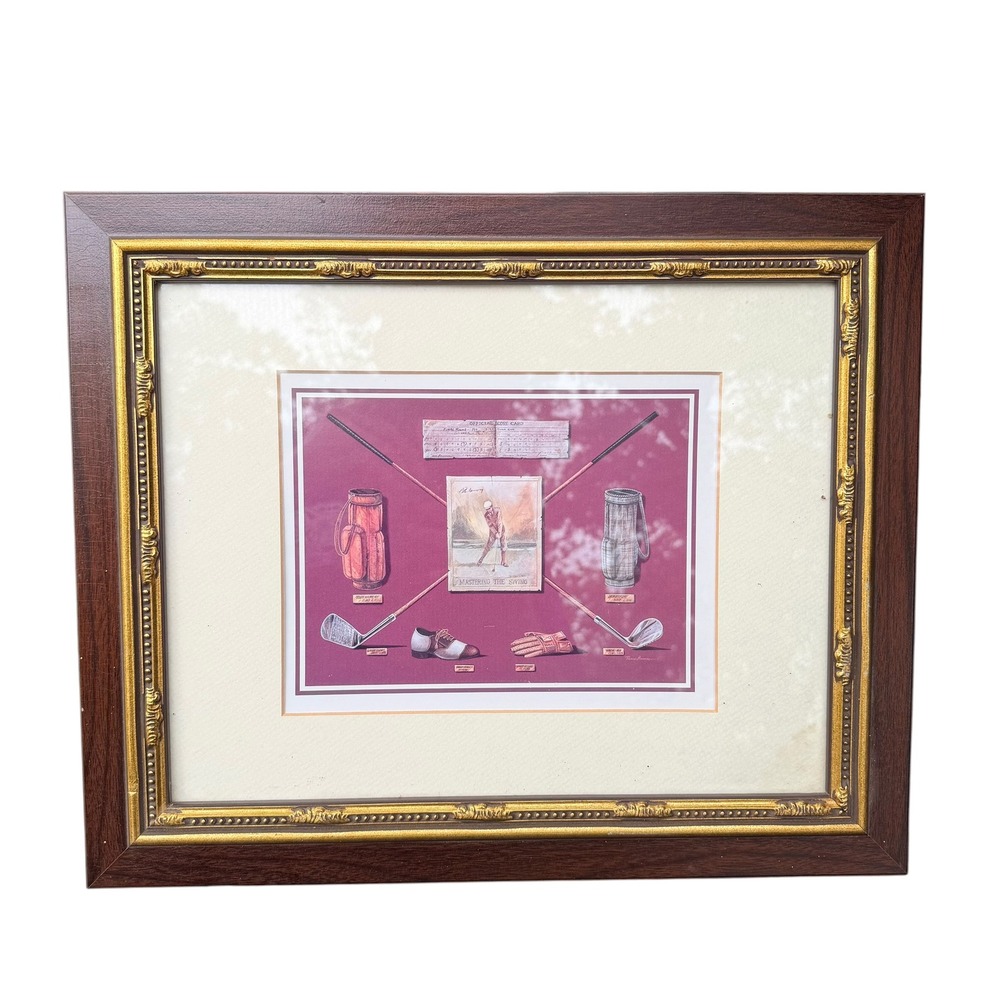 Vintage Golf Mastering the Swing Framed Wall Art Decor Brown‎ Gold 16.5x15 8178